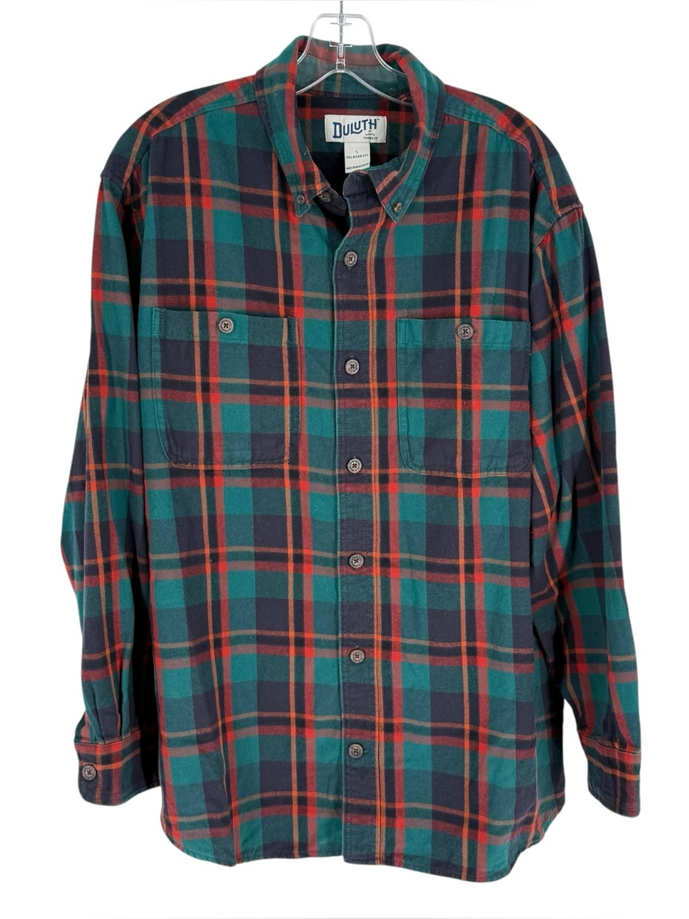 Duluth Free Swingin Flannel Shirt Mens Size Large Blue Teal Plaid Cotton Relaxed